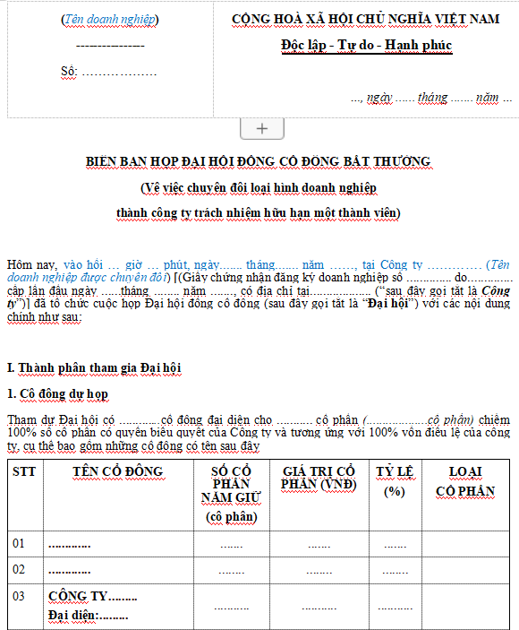 Mấu Biên Bản Họp Về Việc Chuyển đổi Công Ty Cổ Phần Thành Công Ty TNHH ...